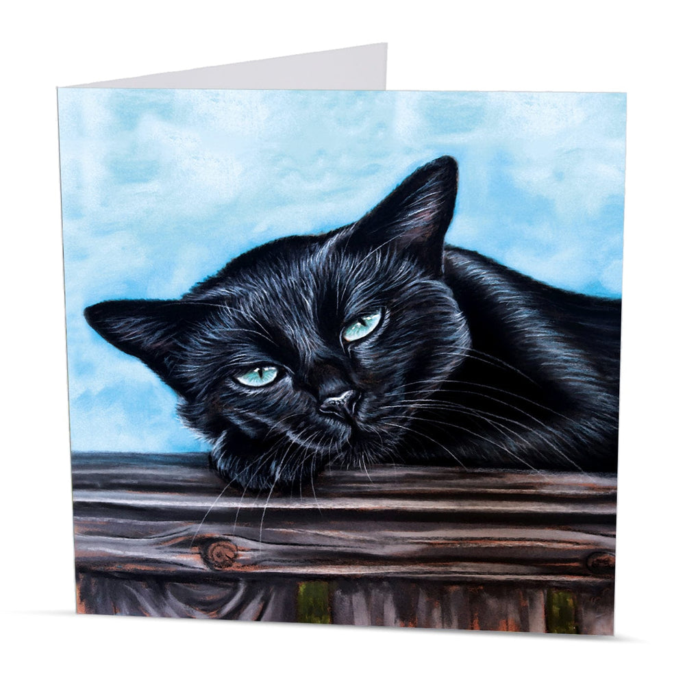 Greeting card with a black cat painting with a blue sky background