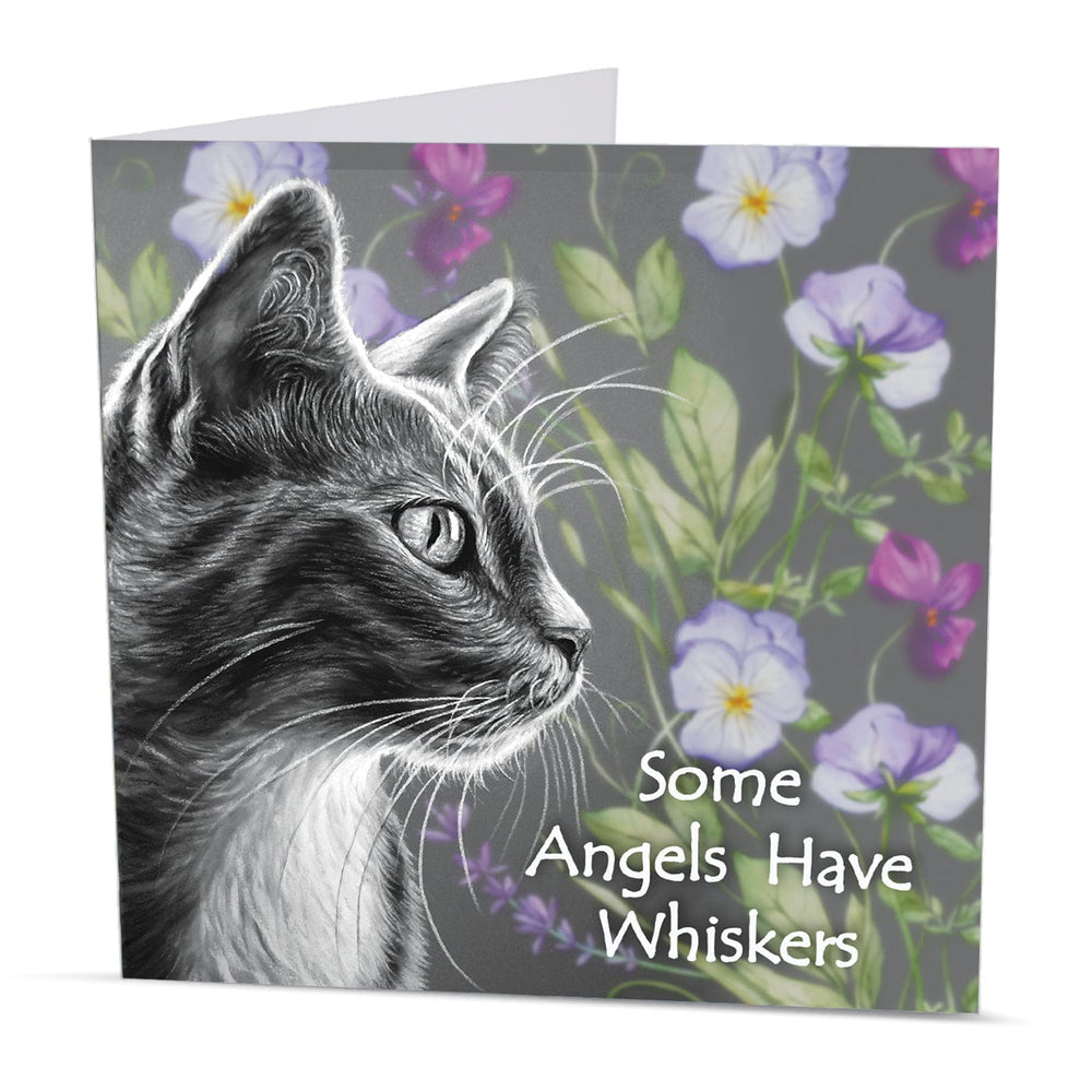 greeting card with black and white image of a cat on the gentle flowery background 'Some Angels Have Whiskers'.