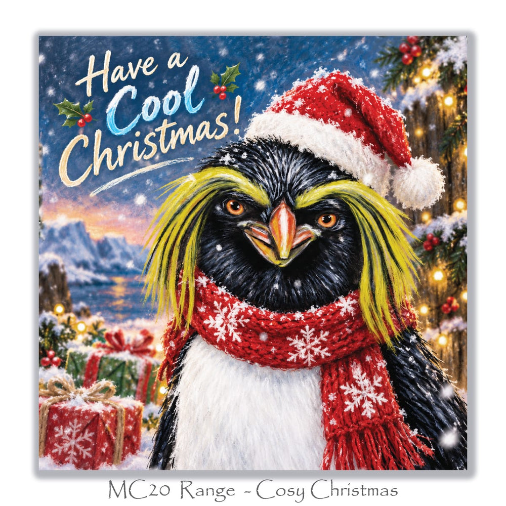 Square penguin Christmas card featuring a colourful Rockhopper Penguin in a snowy scene with Christmas presents and decorations