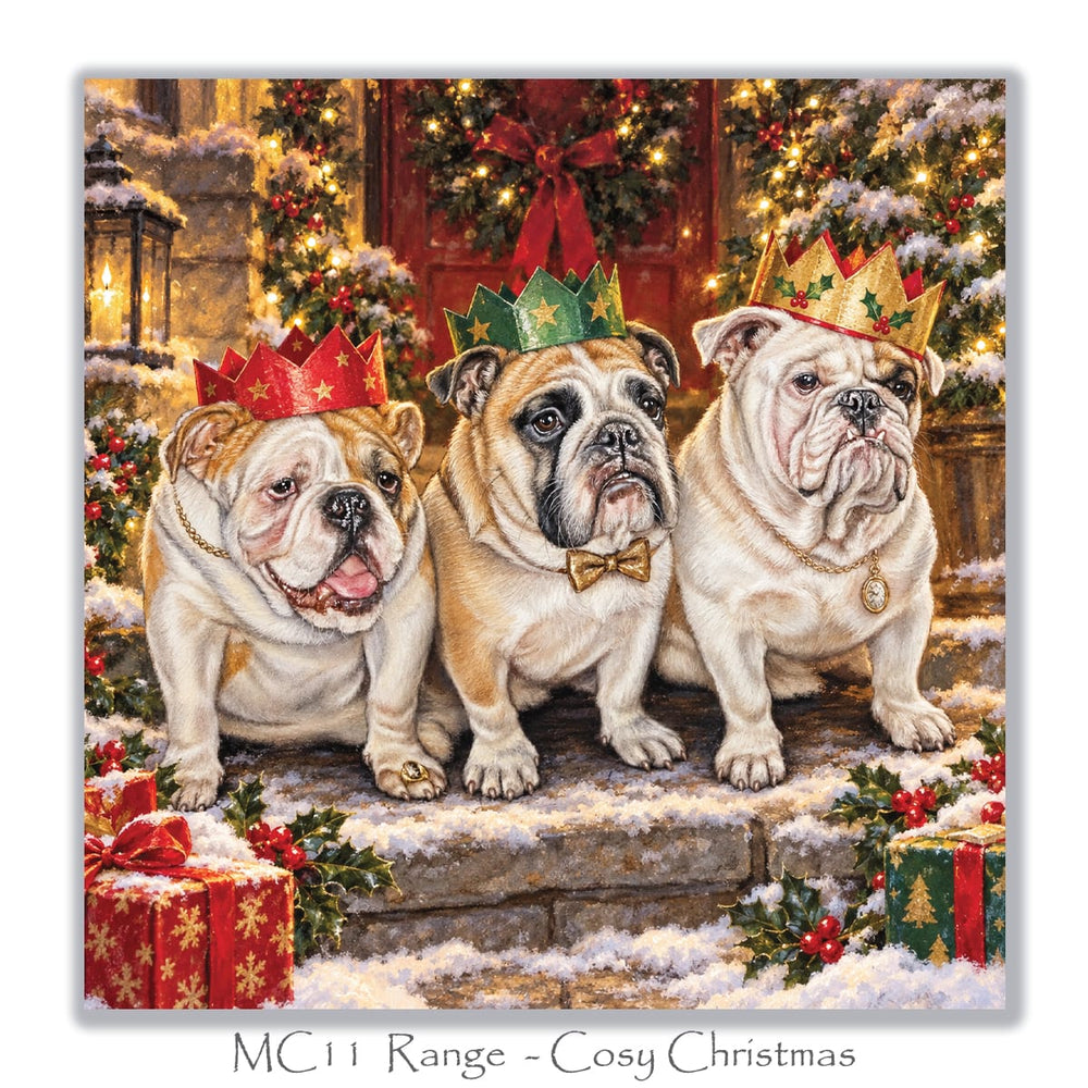 Christmas card for Bulldog lovers showing three English Bulldogs dressed as Christmas kings outside a decorated doorway