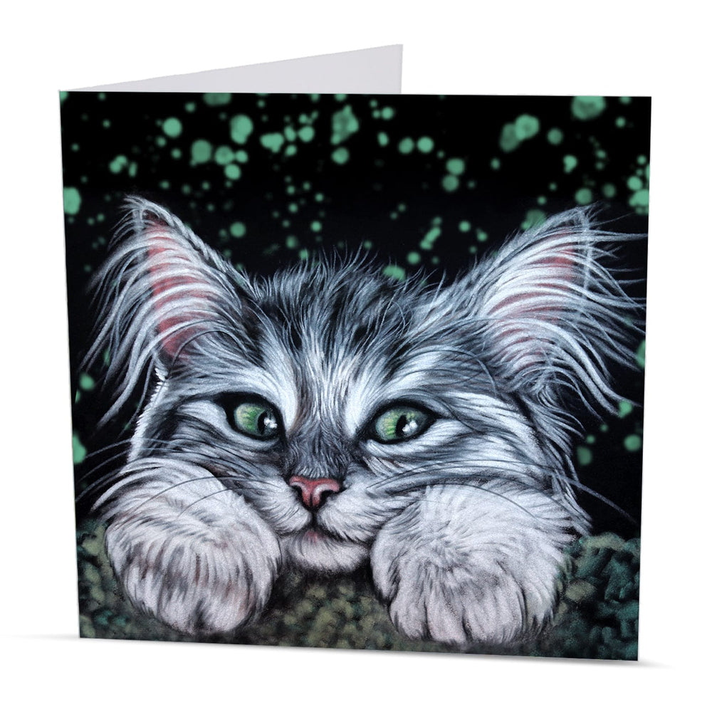 Greeting card with a cute kitten on a dark background