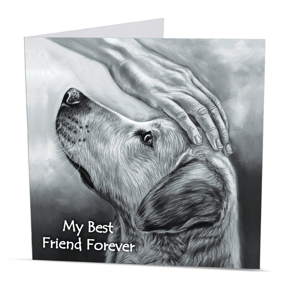 Pet sympathy card featuring a tender monochrome illustration of a dog and human hand, symbolising the unbreakable bond between people and their pets.