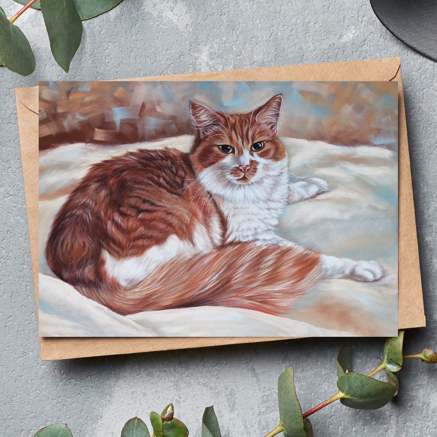 Unique cat lover card showing a ginger and white fluffy cat in a timeless portrait style, printed on high-quality Invercote paper.
