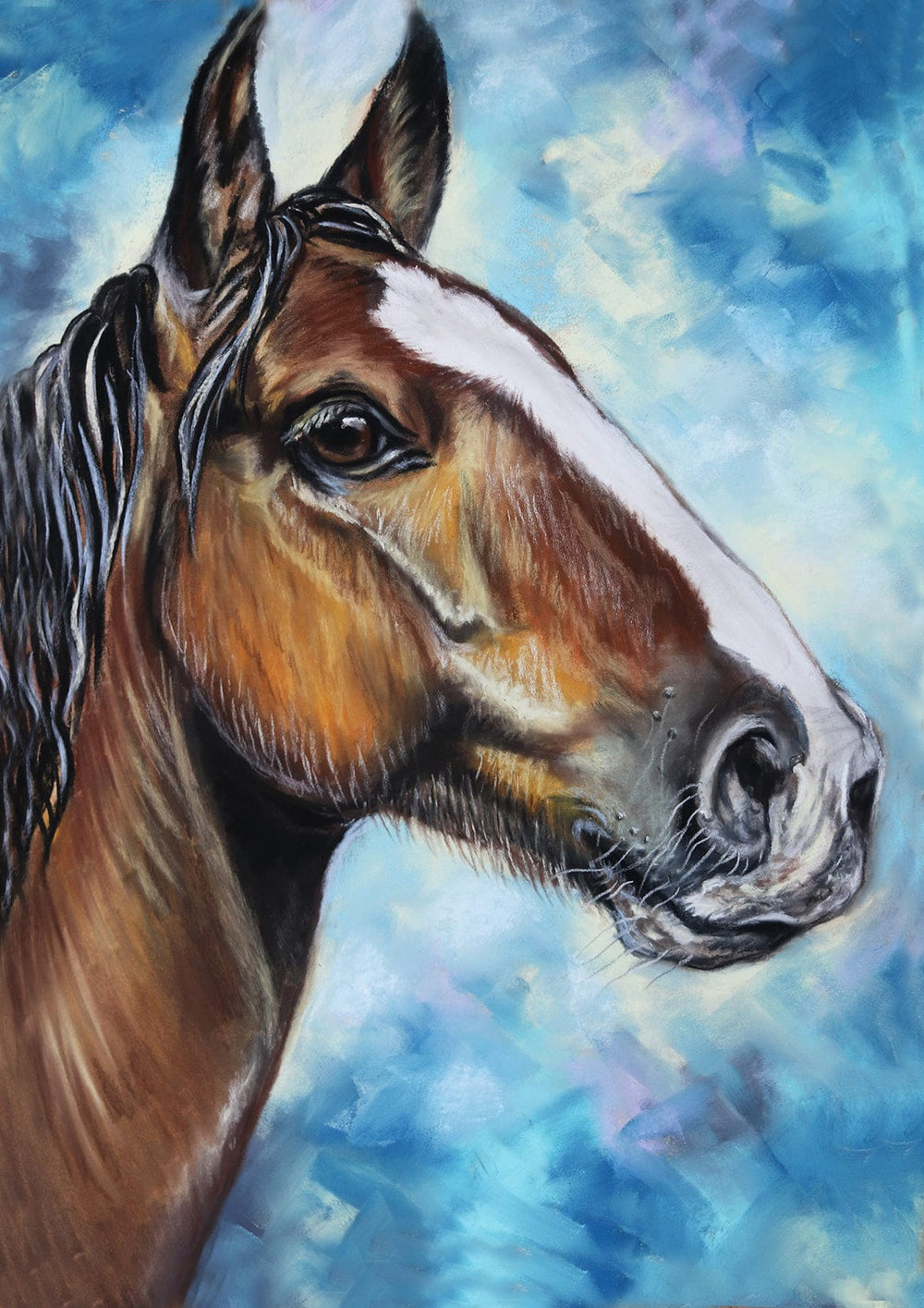 Artistic drawing of a horse portrait with a blue and purple abstract background