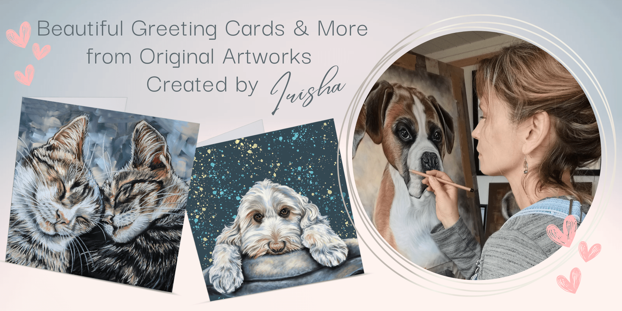 Top banner collage with Irisha painting a pet portrait and cat and dog greeting cards on display