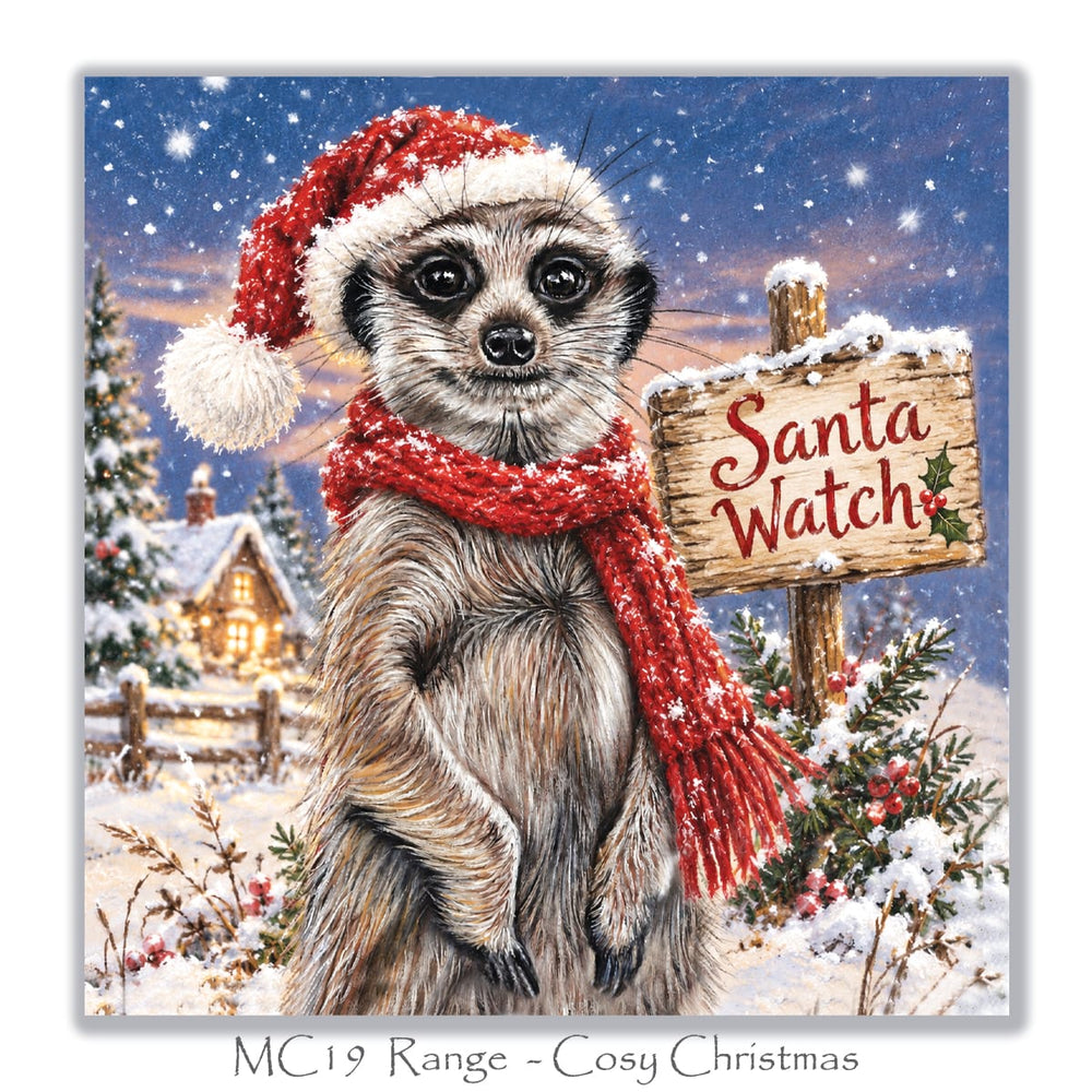 Christmas card for meerkat lovers showing a meerkat keeping watch for Santa beside a wooden Santa Watch sign