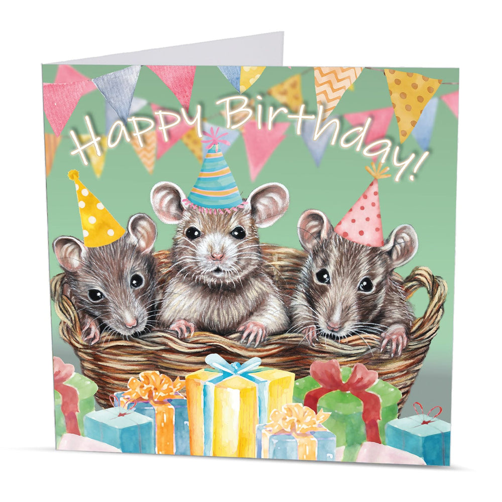 Whimsical animal birthday greeting card with three adorable mice celebrating in a festive basket scene, perfect for mouse lovers.