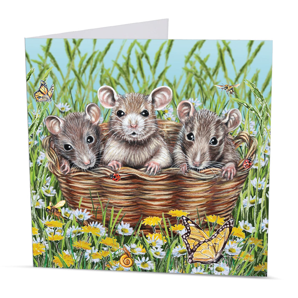 Whimsical animal greeting card with three adorable mice in a cosy basket, perfect for mouse lovers and nature enthusiasts.