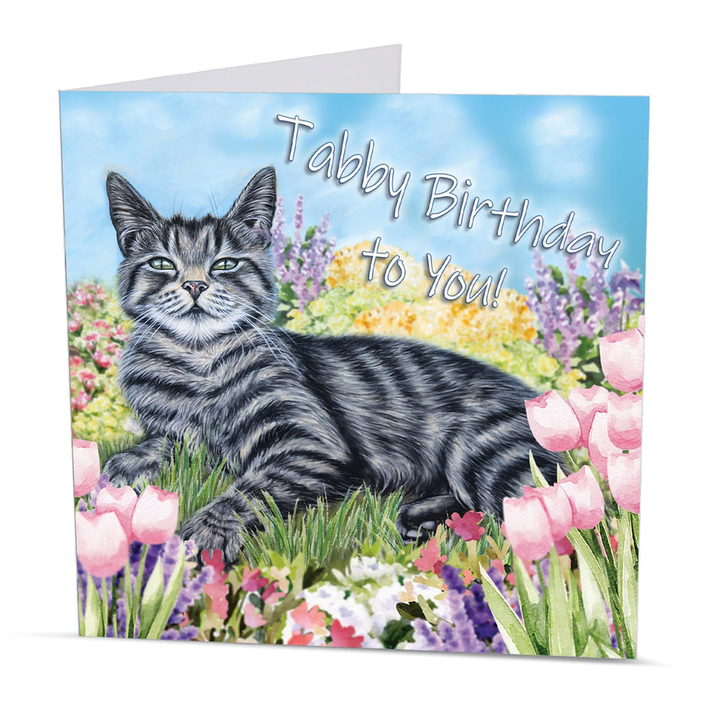 Playful cat birthday card created from original artwork by Irisha, showing a relaxed tabby cat in a vibrant garden scene.