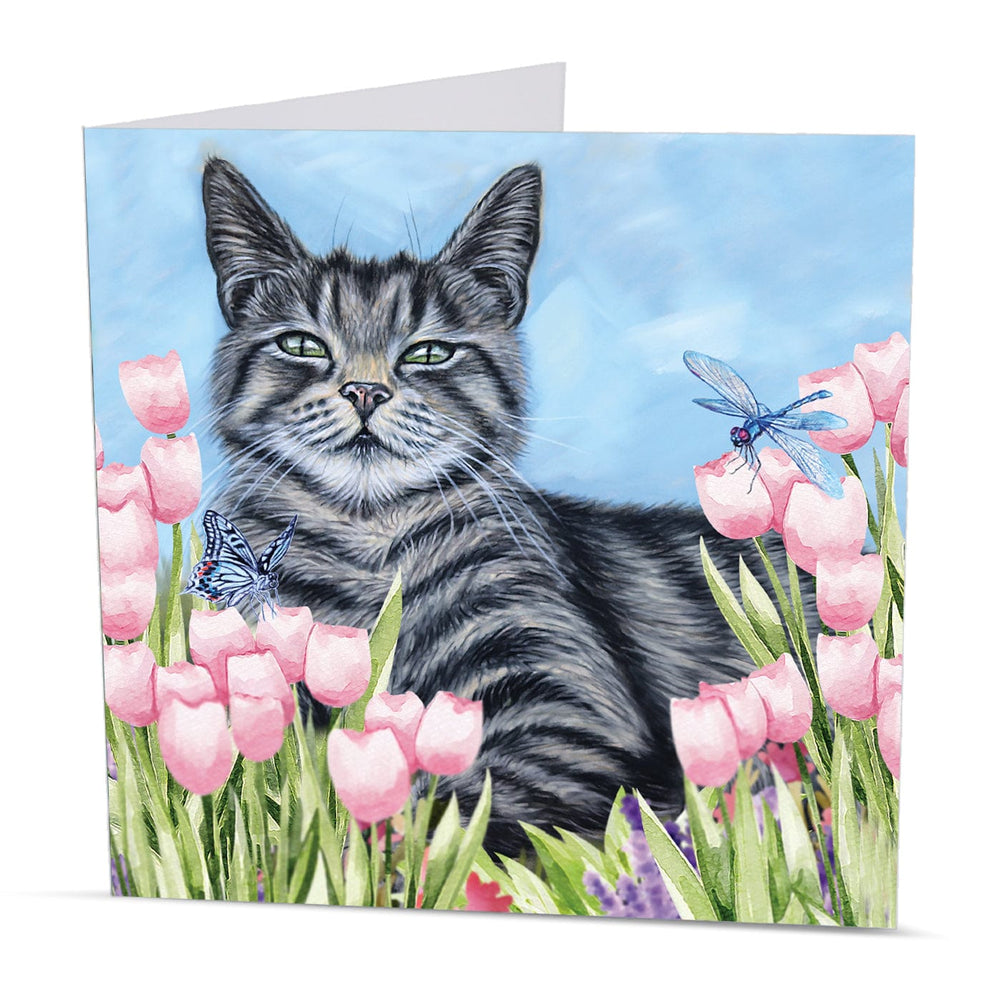greeting card with beautiful tabby cat surrounded by pink tulips