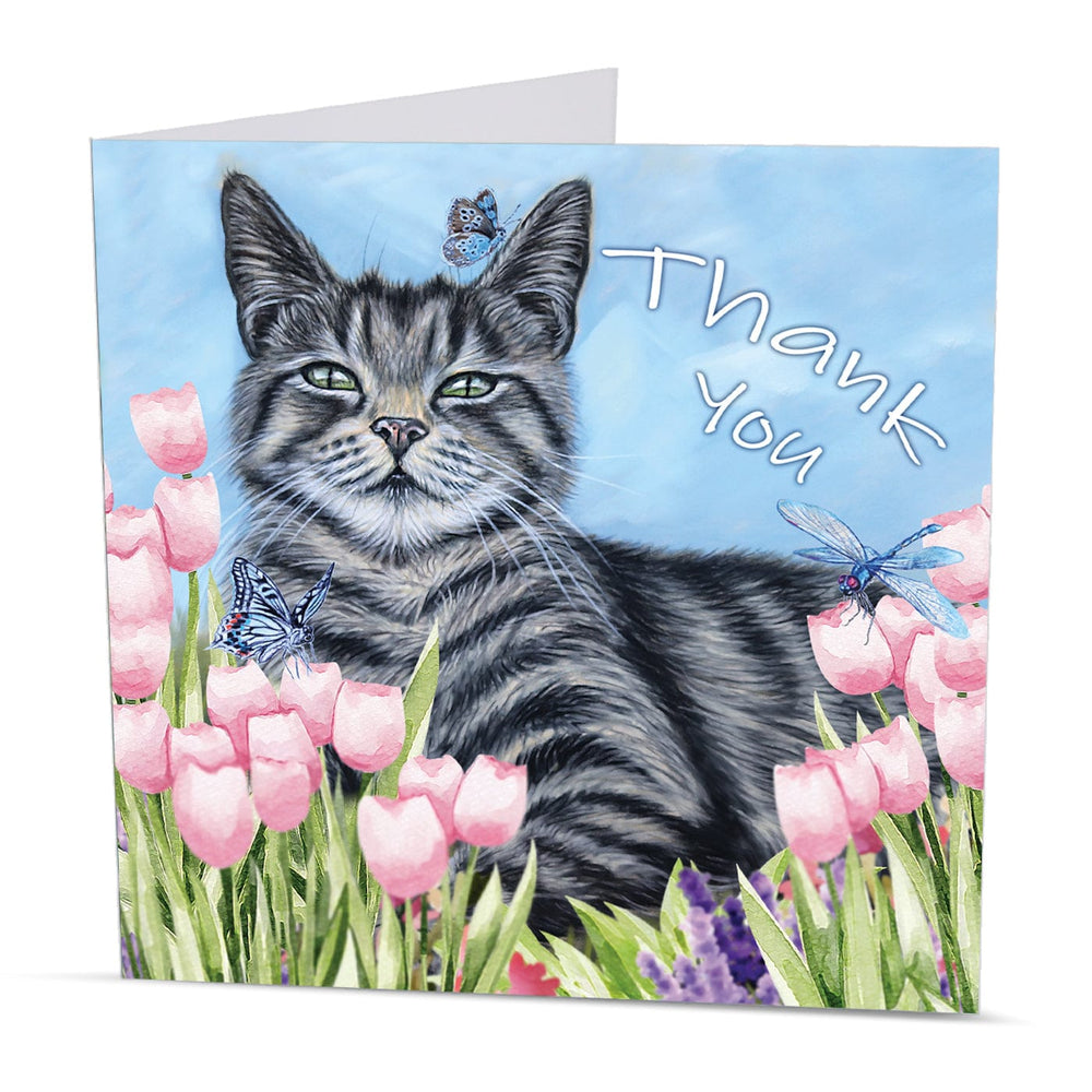 Unique cat thank you greeting card created from original artwork by Irisha, showing a relaxed tabby in a vibrant floral garden.