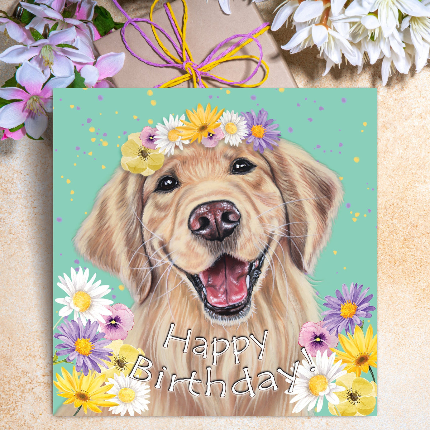 birthday cards with dogs featuring beautiful golden retriever with colourful flowers