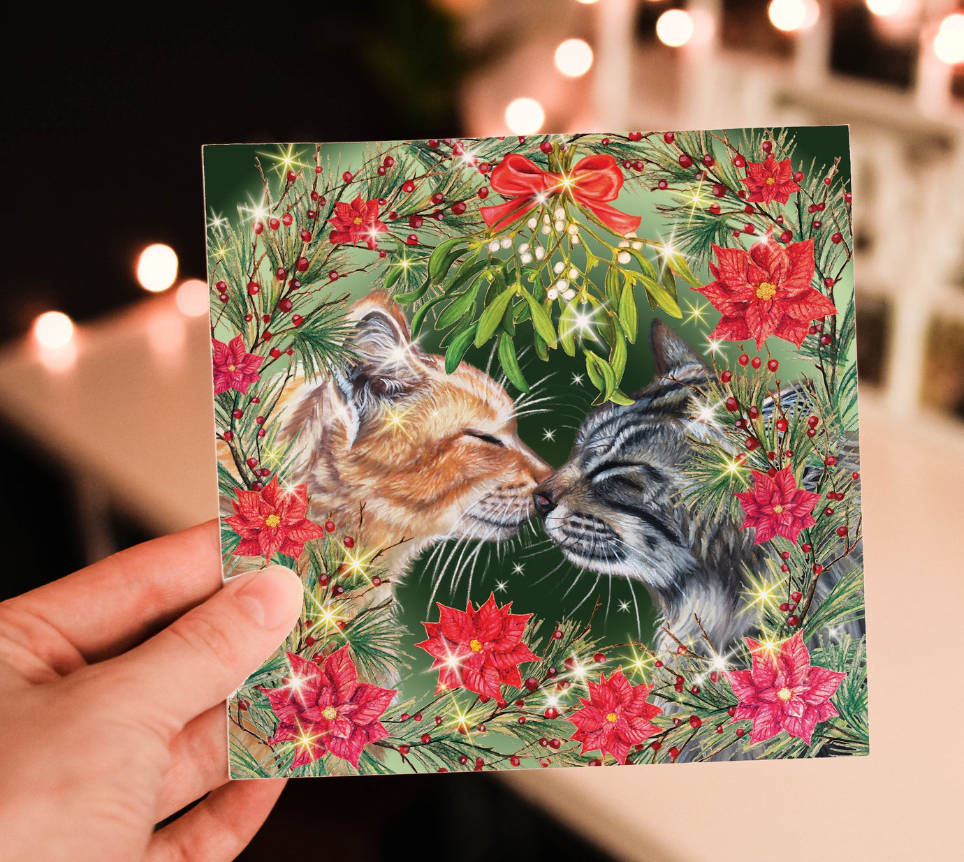 christmas card with two cuddling cats