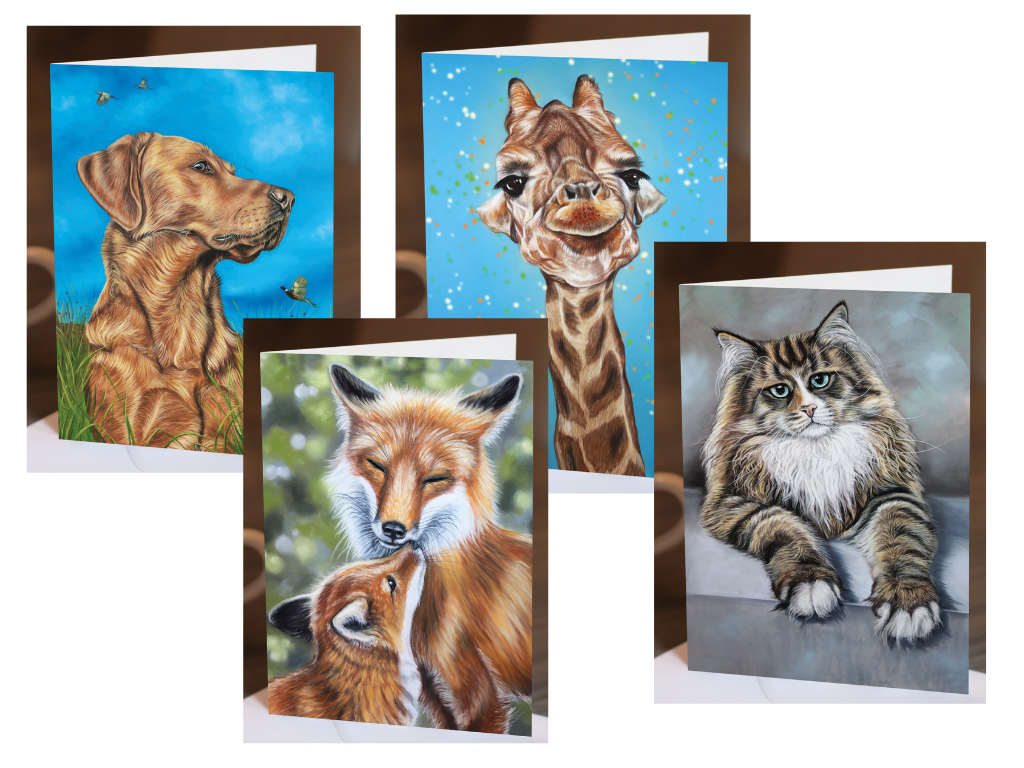 A selection of fine art greeting cards in A5 size, featuring original artwork by Irisha including various pets and wildlife.