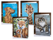 A selection of fine art greeting cards in A5 size, featuring original artwork by Irisha including various pets and wildlife.