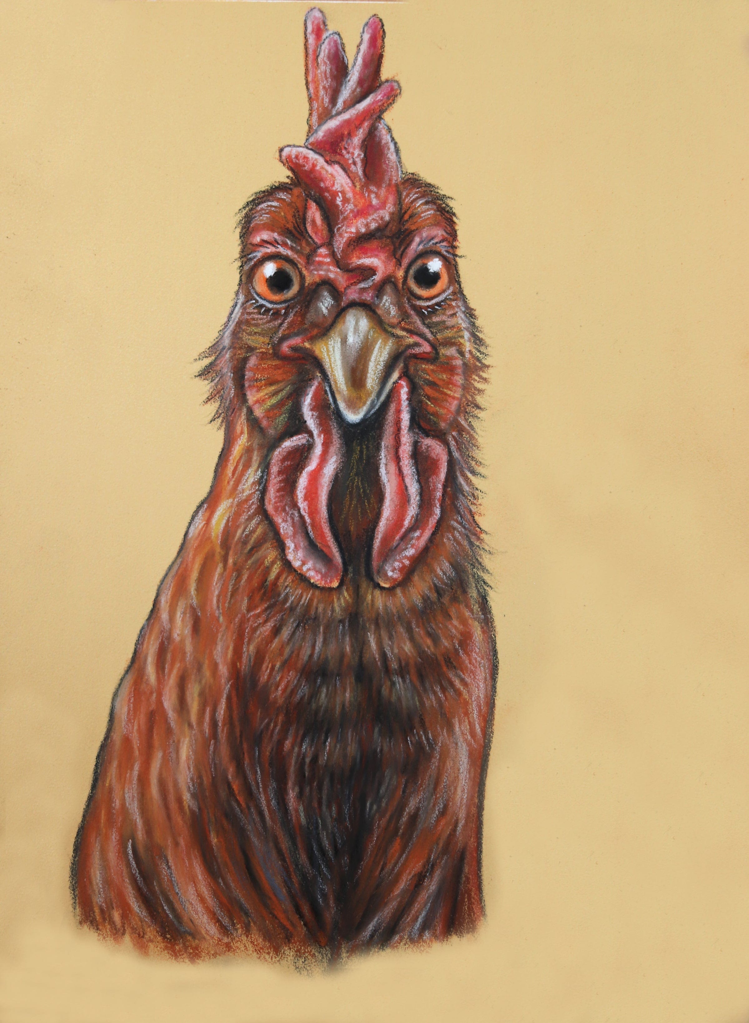 Original pastel artwork of a ginger chicken with charm and expression, hand-sketched on premium Pastelmat – rustic country home décor.