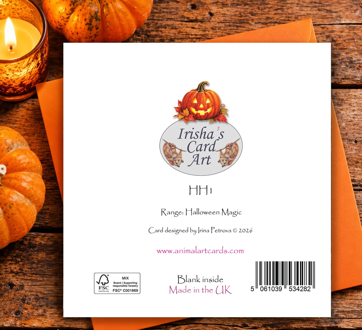 Back and blank inside of Halloween greeting card with orange envelope