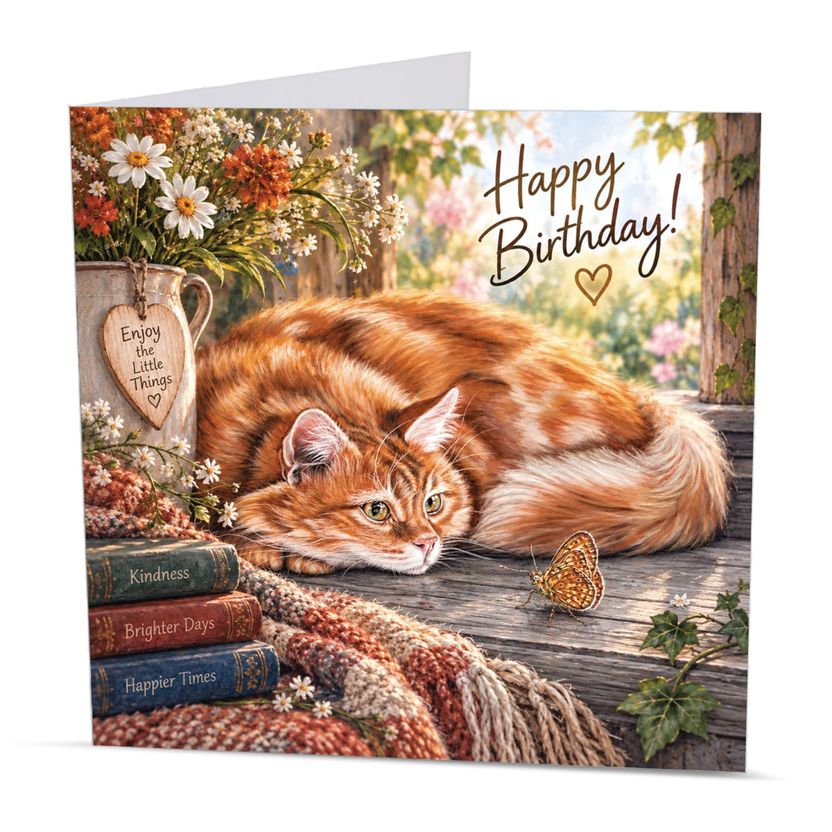 Square 15 x 15 cm cat birthday card featuring original ginger cat artwork by Irisha, printed on premium 350 gsm textured cardstock.