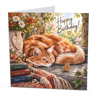 Square 15 x 15 cm cat birthday card featuring original ginger cat artwork by Irisha, printed on premium 350 gsm textured cardstock.