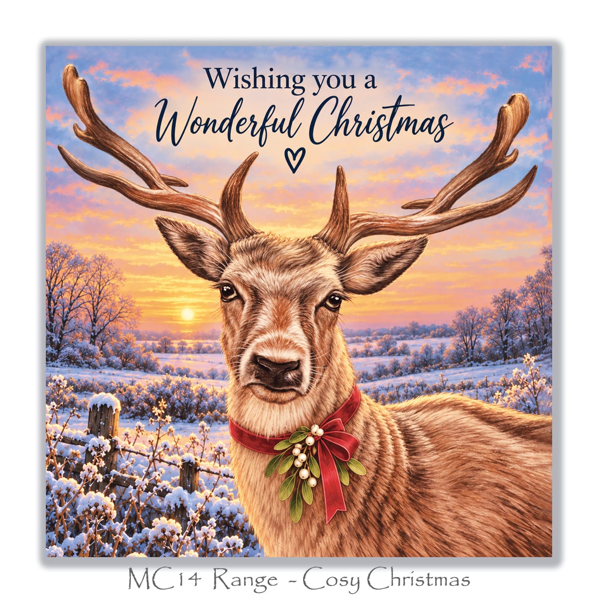 Wonderful Christmas wildlife greeting card with reindeer, mistletoe bow and colourful sunset