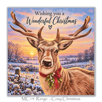 Wonderful Christmas wildlife greeting card with reindeer, mistletoe bow and colourful sunset