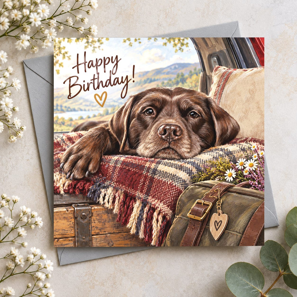 Chocolate Labrador birthday card featuring a beautiful brown dog resting on a tartan blanket with scenic countryside and Happy Birthday lettering.
