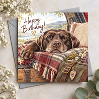 Chocolate Labrador birthday card featuring a beautiful brown dog resting on a tartan blanket with scenic countryside and Happy Birthday lettering.