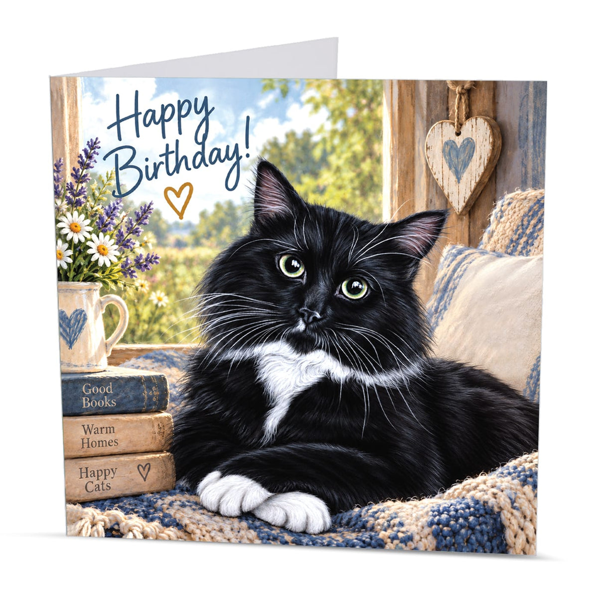 Square 15 x 15 cm black and white cat birthday card featuring original feline artwork by Irisha, printed on premium 350 gsm textured cardstock.