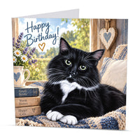 Square 15 x 15 cm black and white cat birthday card featuring original feline artwork by Irisha, printed on premium 350 gsm textured cardstock.