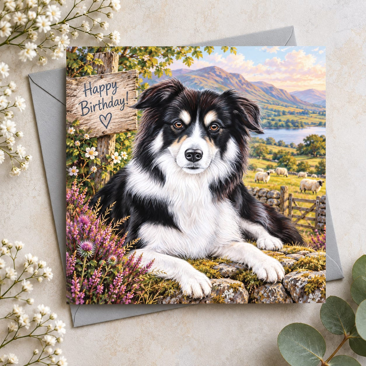 Border Collie birthday card featuring a beautiful black, white and tan dog resting in the countryside with sheep, mountains and Happy Birthday lettering.