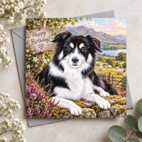 Border Collie birthday card featuring a beautiful black, white and tan dog resting in the countryside with sheep, mountains and Happy Birthday lettering.