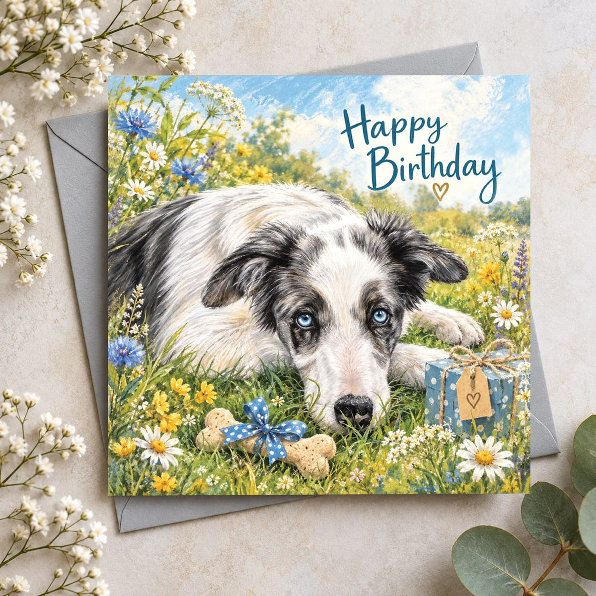Blue merle Border Collie birthday card featuring a beautiful dog with bright blue eyes lying in a wildflower meadow with Happy Birthday lettering.