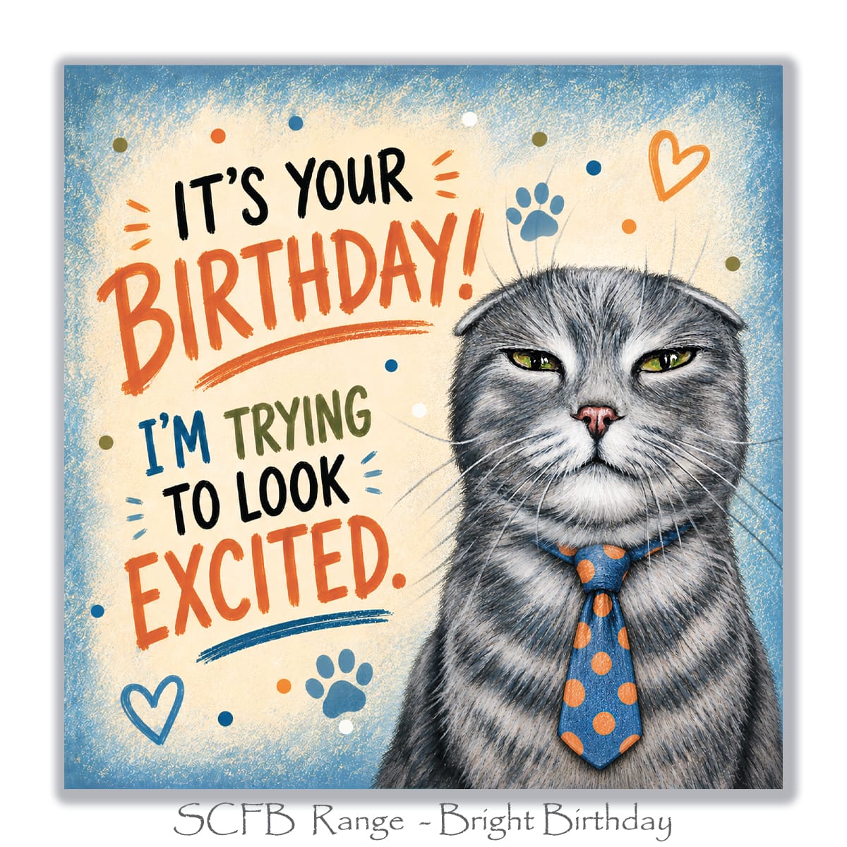 Funny cat birthday card featuring a grumpy grey cat wearing a blue polka dot tie with I'm Trying to Look Excited birthday message.