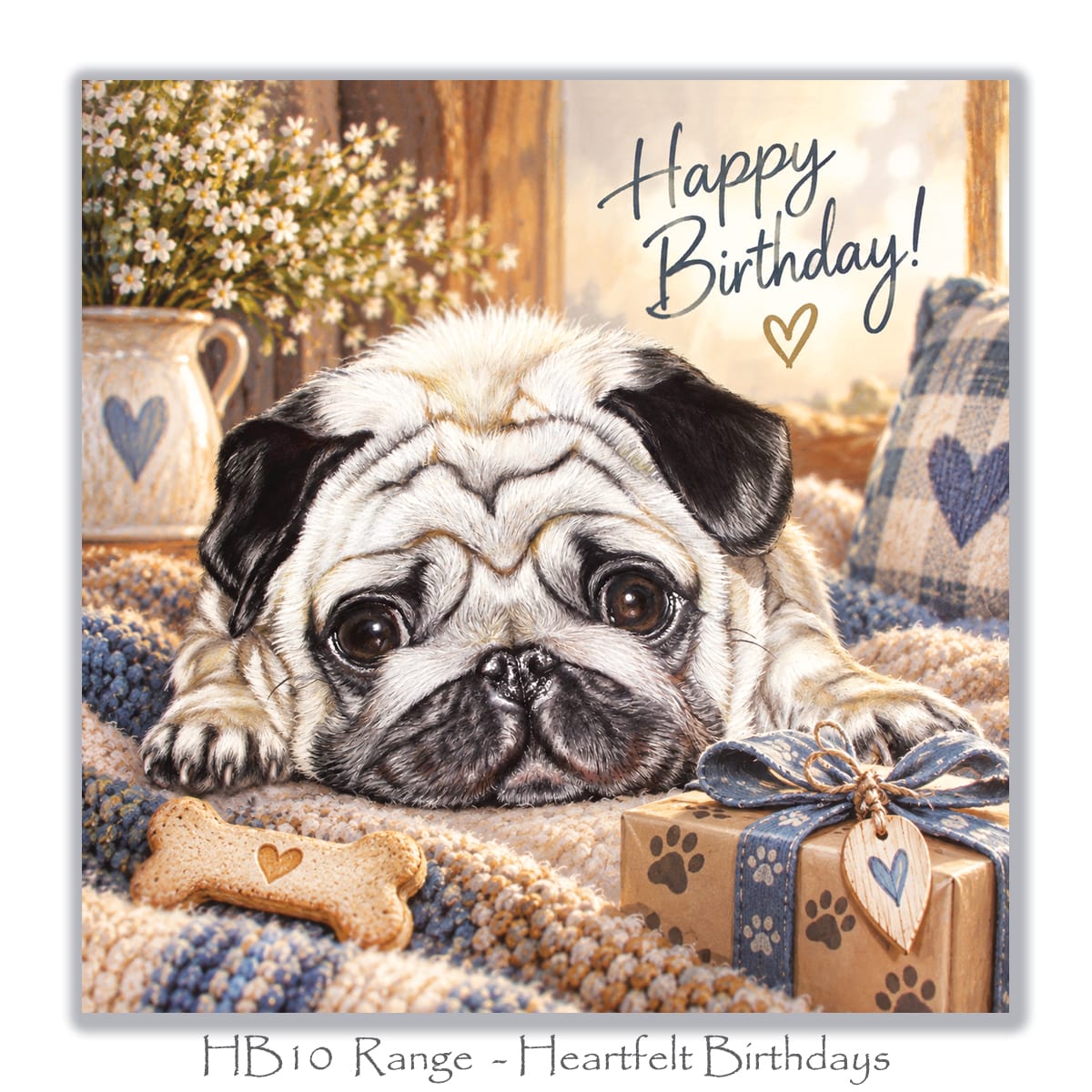 Cute dog birthday greeting card with a wrinkly Pug, white flowers, knitted blankets, bone-shaped dog biscuit and wrapped birthday present.