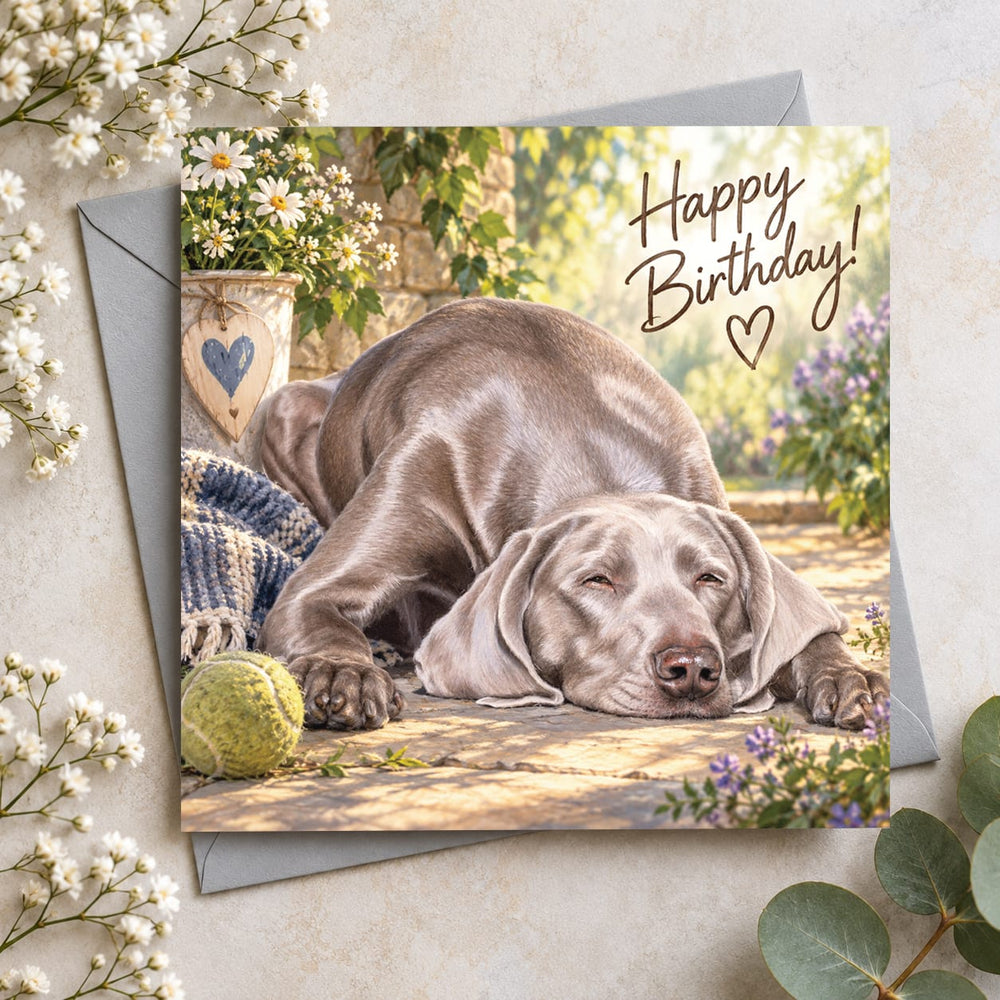 Weimaraner birthday card featuring a beautiful silver-grey dog resting peacefully in a sunny garden with Happy Birthday lettering.
