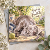 Weimaraner birthday card featuring a beautiful silver-grey dog resting peacefully in a sunny garden with Happy Birthday lettering.