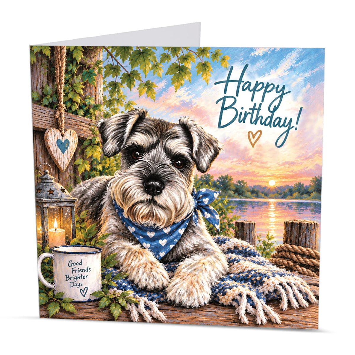 Square 15 x 15 cm Schnauzer birthday card featuring original dog artwork by Irisha, printed on premium 350 gsm textured cardstock.