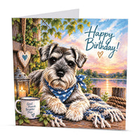 Square 15 x 15 cm Schnauzer birthday card featuring original dog artwork by Irisha, printed on premium 350 gsm textured cardstock.