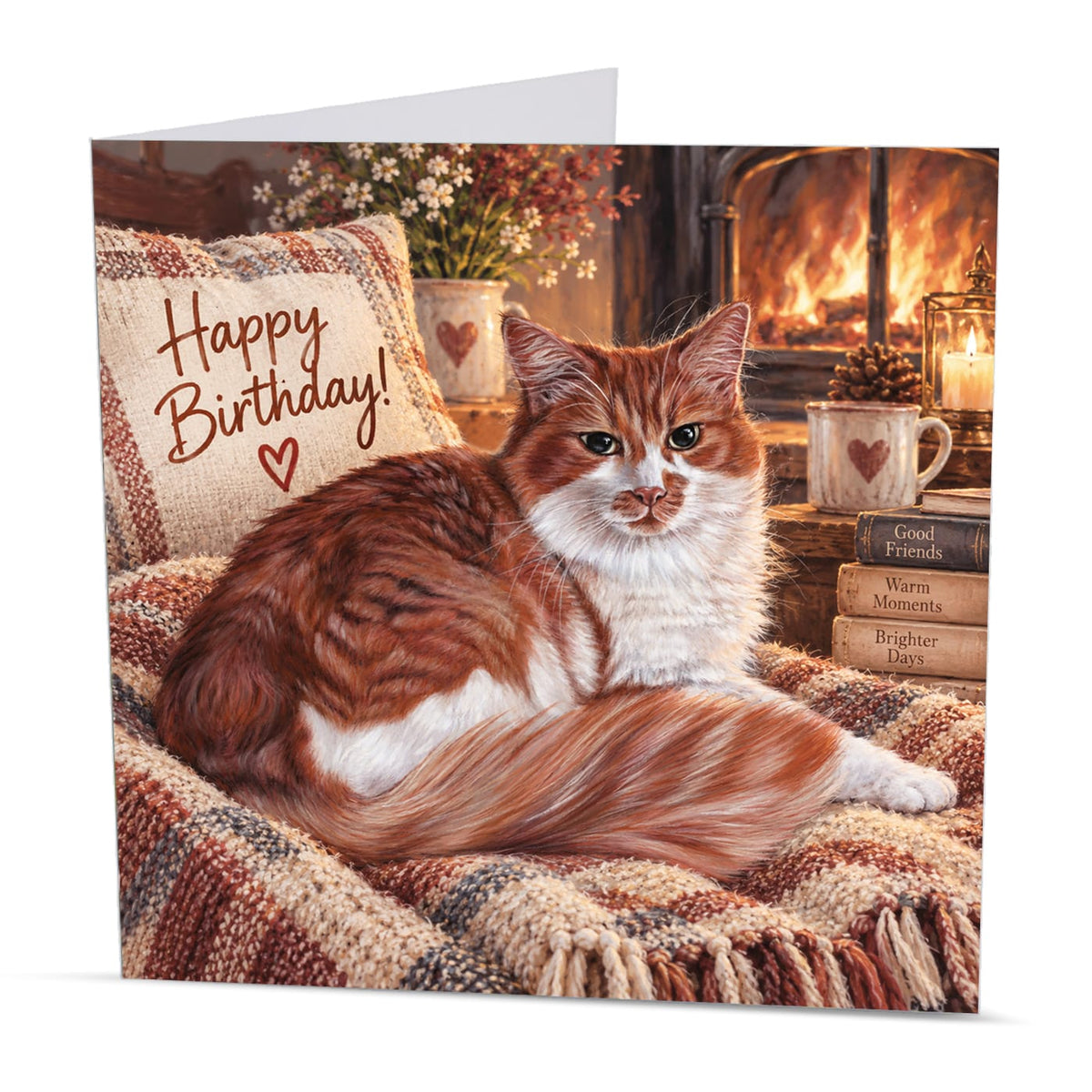 Square 15 x 15 cm ginger cat birthday card featuring original feline artwork by Irisha, printed on premium 350 gsm textured cardstock.