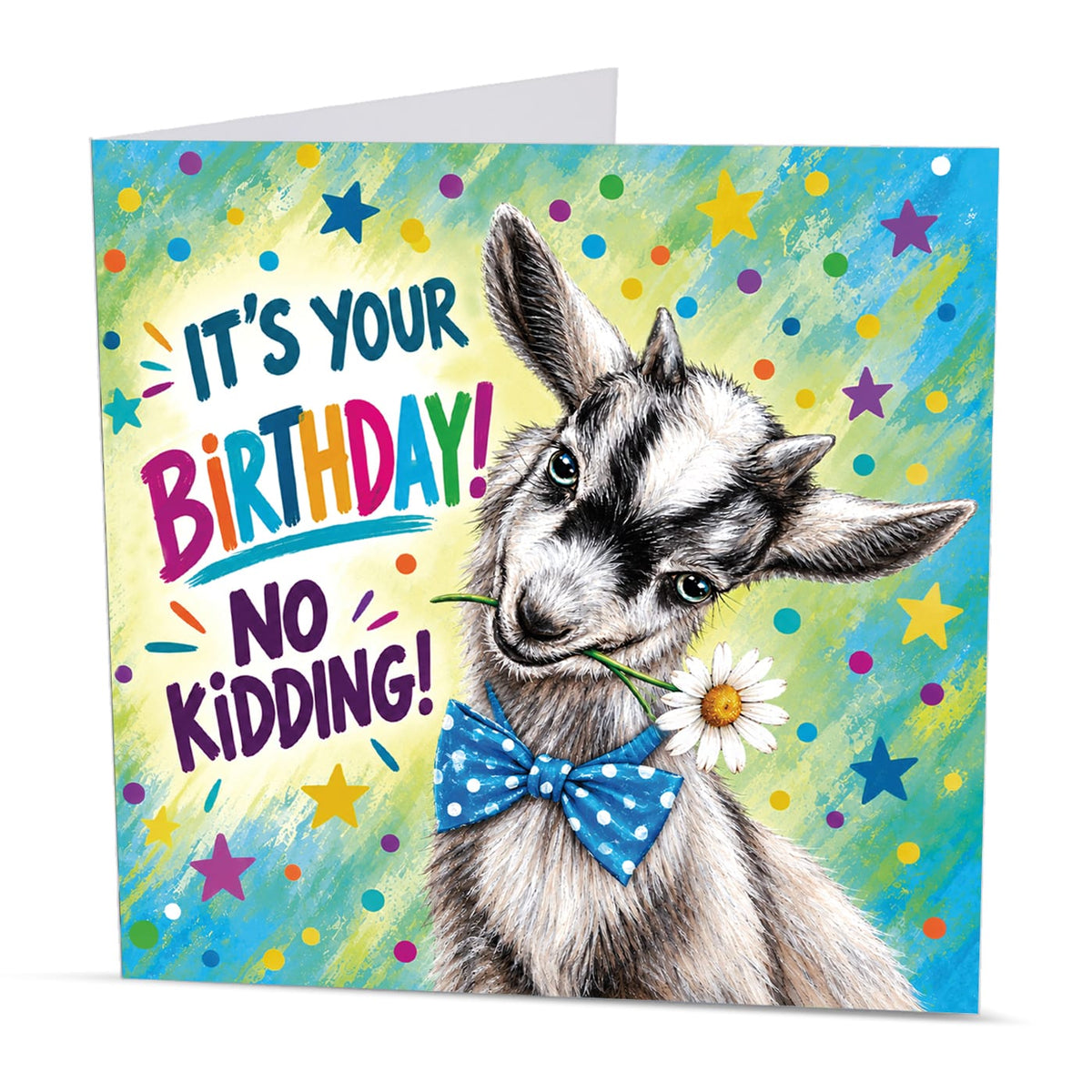 Humorous farm animal birthday greeting card with a cheeky goat, colourful confetti, stars and bright turquoise and green background.
