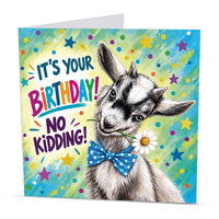 Humorous farm animal birthday greeting card with a cheeky goat, colourful confetti, stars and bright turquoise and green background.