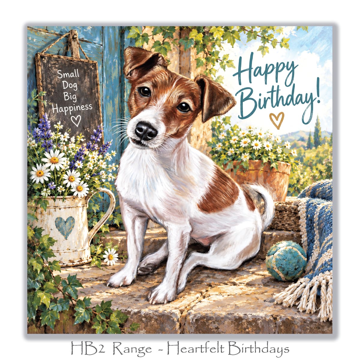 Charming dog birthday greeting card with a Jack Russell Terrier, white daisies, purple flowers, rustic blue door and Small Dog Big Happiness sign.