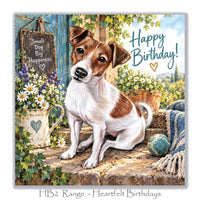 Charming dog birthday greeting card with a Jack Russell Terrier, white daisies, purple flowers, rustic blue door and Small Dog Big Happiness sign.