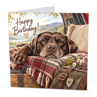 Square 15 x 15 cm Chocolate Labrador birthday card featuring original dog artwork by Irisha, printed on premium 350 gsm textured cardstock.