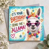 Funny llama birthday card featuring a fluffy llama wearing pink heart-shaped sunglasses and a crown with It's Your Birthday Ring the Allama message.