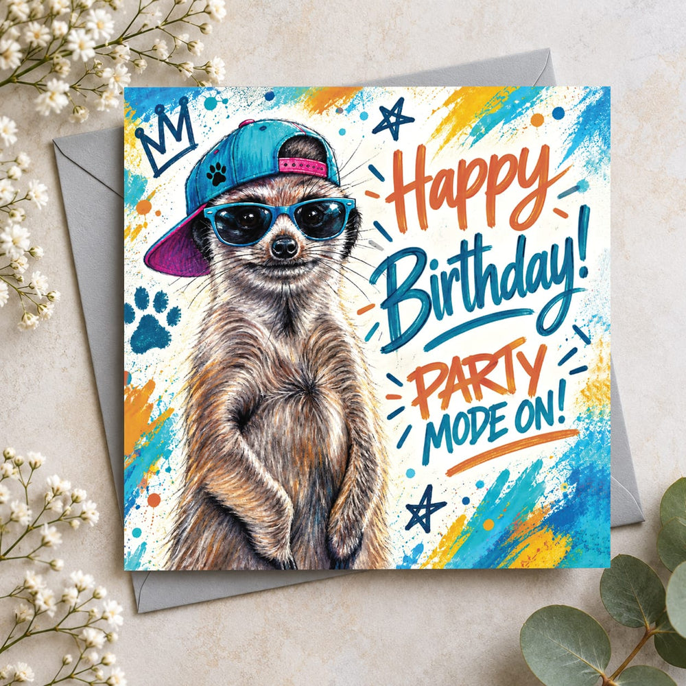 Funny meerkat birthday card featuring a cool meerkat wearing blue sunglasses and a backwards baseball cap with Happy Birthday Party Mode On message.