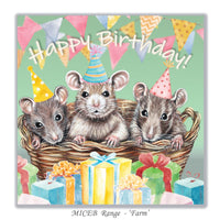 Unique mouse lover birthday card created from original artwork by Irisha, showing three party mice with gifts, bunting, and cheerful details.
