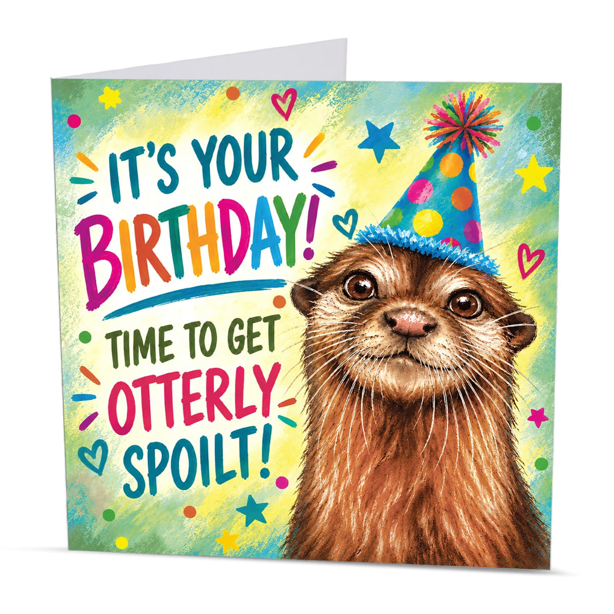 Square 15 x 15 cm funny otter birthday card featuring original wildlife artwork by Irisha, printed on premium 350 gsm textured cardstock.
