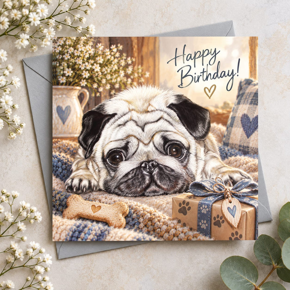Pug birthday card featuring an adorable fawn Pug with big brown eyes resting on a cosy blanket with Happy Birthday lettering.