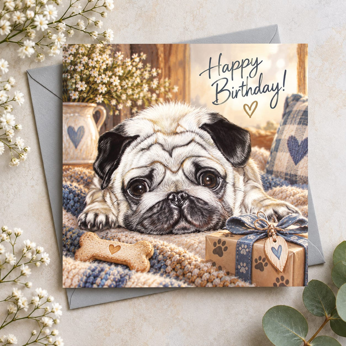 Pug birthday card featuring an adorable fawn Pug with big brown eyes resting on a cosy blanket with Happy Birthday lettering.